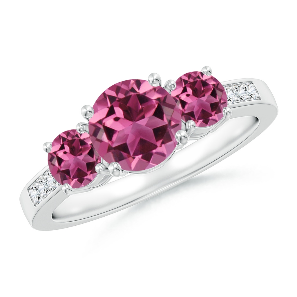 7mm AAAA Three Stone Round Pink Tourmaline Ring with Diamond Accents in White Gold
