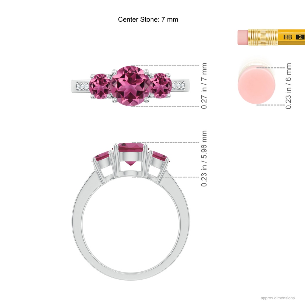 7mm AAAA Three Stone Round Pink Tourmaline Ring with Diamond Accents in White Gold ruler