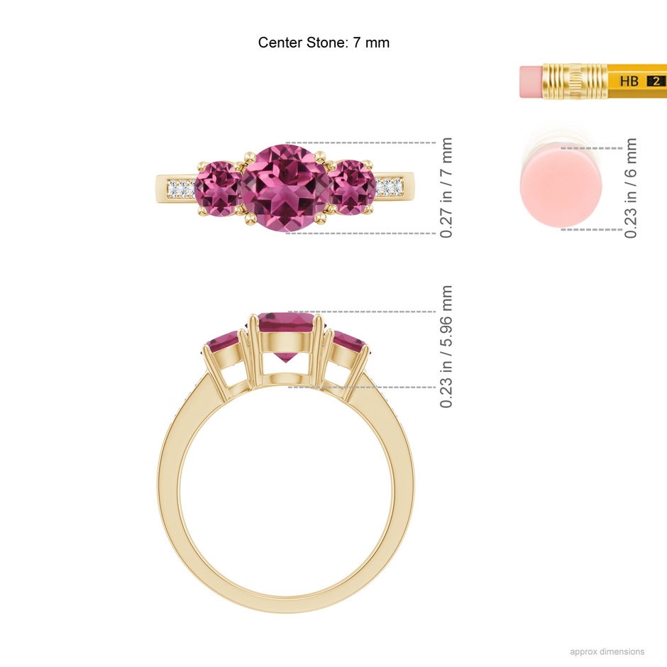 7mm AAAA Three Stone Round Pink Tourmaline Ring with Diamond Accents in Yellow Gold ruler