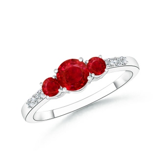 5mm AAA Three Stone Round Ruby Ring with Diamond Accents in White Gold