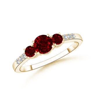 5mm AAAA Three Stone Round Ruby Ring with Diamond Accents in Yellow Gold