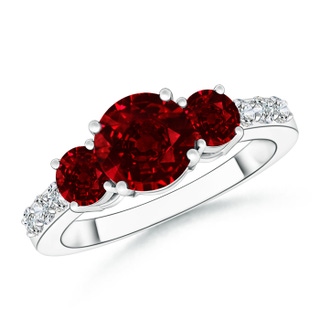 7mm AAAA Three Stone Round Ruby Ring with Diamond Accents in White Gold