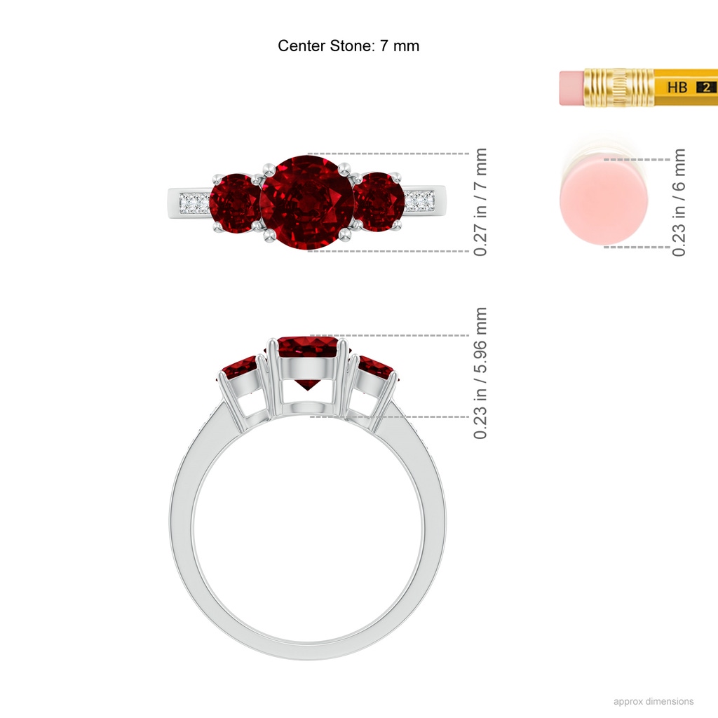 7mm AAAA Three Stone Round Ruby Ring with Diamond Accents in White Gold Product Image