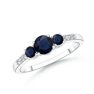 5mm A Three Stone Round Sapphire Ring with Diamond Accents in 9K White Gold