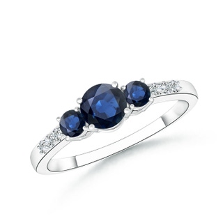 5mm AA Three Stone Round Sapphire Ring with Diamond Accents in 9K White Gold