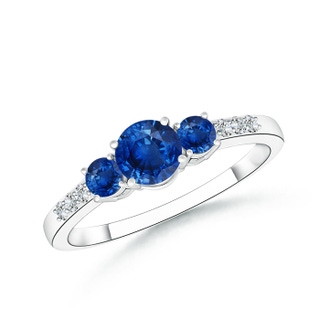 5mm AAA Three Stone Round Sapphire Ring with Diamond Accents in 9K White Gold