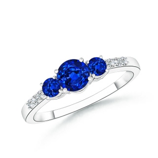 5mm AAAA Three Stone Round Sapphire Ring with Diamond Accents in 9K White Gold