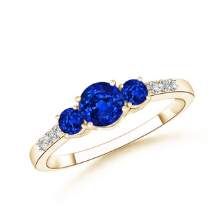 5mm AAAA Three Stone Round Sapphire Ring with Diamond Accents in Yellow Gold