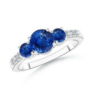 6mm AAA Three Stone Round Sapphire Ring with Diamond Accents in White Gold