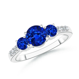 6mm AAAA Three Stone Round Sapphire Ring with Diamond Accents in 9K White Gold