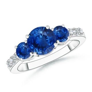 7mm AAA Three Stone Round Sapphire Ring with Diamond Accents in P950 Platinum