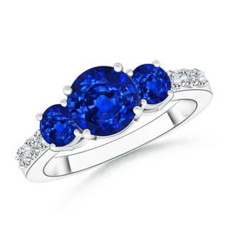 7mm AAAA Three Stone Round Sapphire Ring with Diamond Accents in 9K White Gold