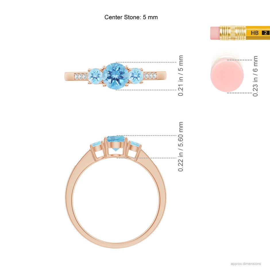 5mm A Three Stone Round Swiss Blue Topaz Ring with Diamond Accents in Rose Gold ruler