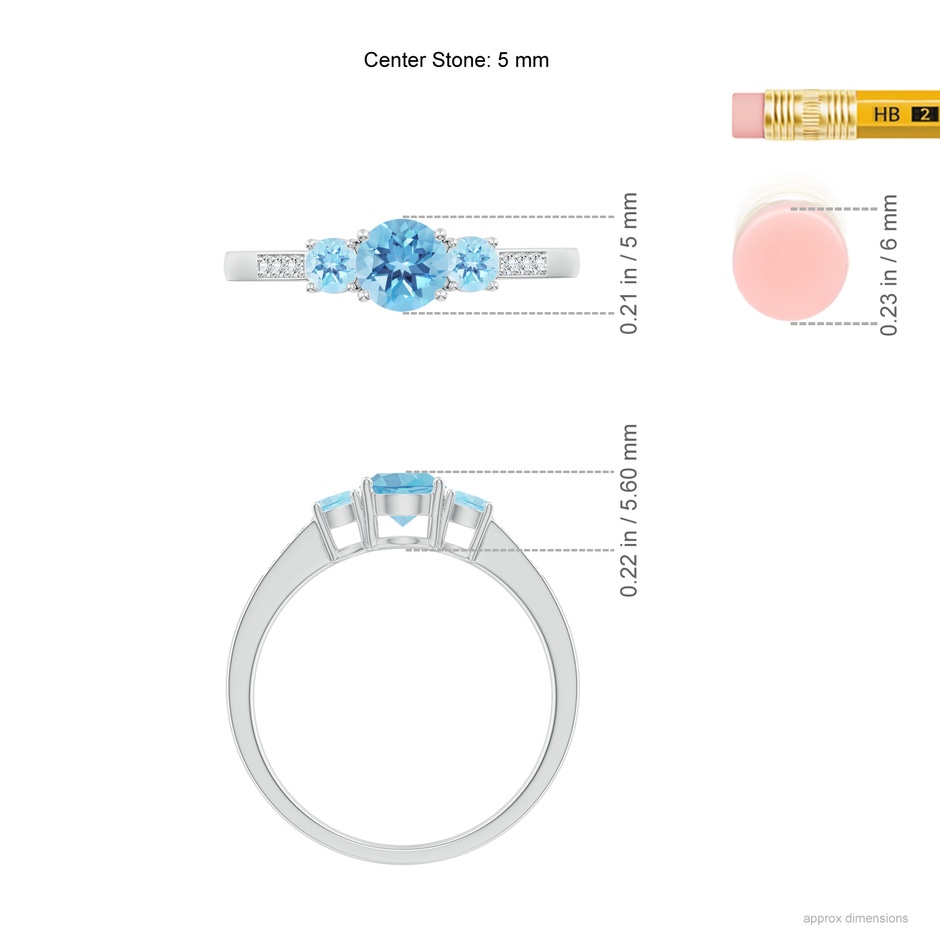 5mm A Three Stone Round Swiss Blue Topaz Ring with Diamond Accents in White Gold ruler