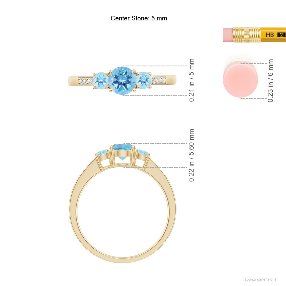 5mm A Three Stone Round Swiss Blue Topaz Ring with Diamond Accents in Yellow Gold ruler