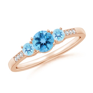 5mm AA Three Stone Round Swiss Blue Topaz Ring with Diamond Accents in 9K Rose Gold