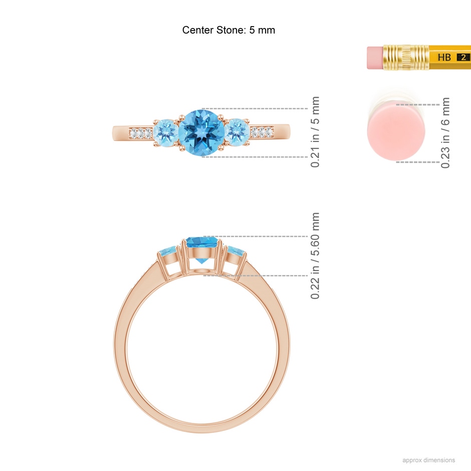 5mm AA Three Stone Round Swiss Blue Topaz Ring with Diamond Accents in Rose Gold ruler