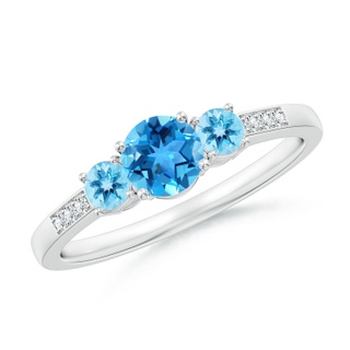 5mm AAA Three Stone Round Swiss Blue Topaz Ring with Diamond Accents in 9K White Gold