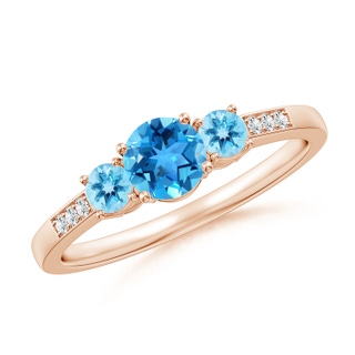 5mm AAA Three Stone Round Swiss Blue Topaz Ring with Diamond Accents in Rose Gold