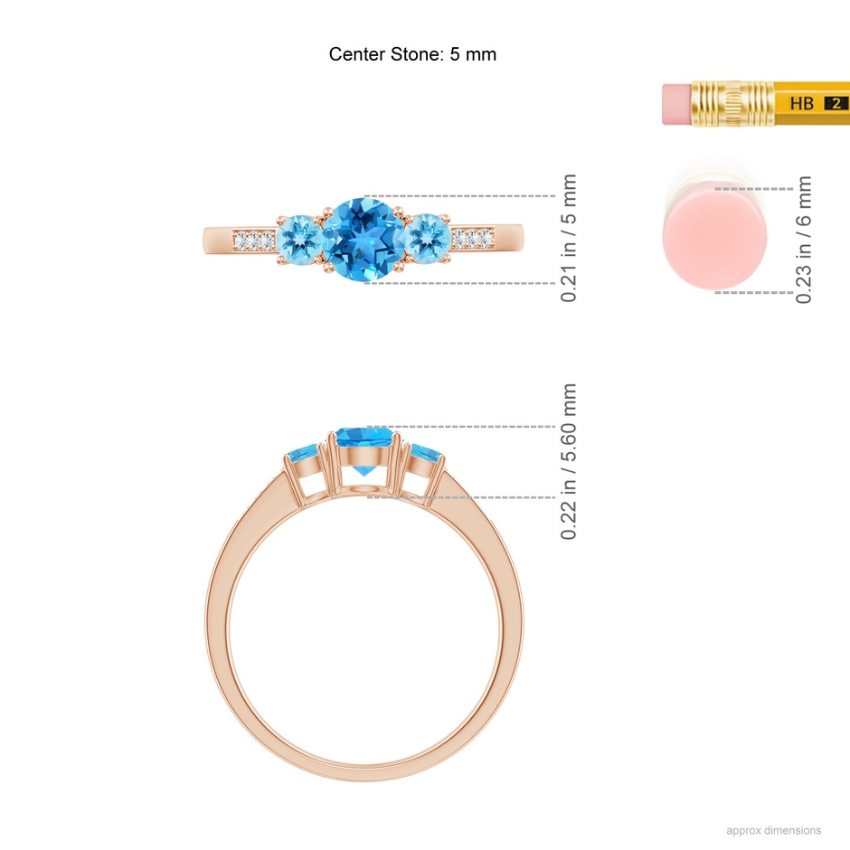 5mm AAA Three Stone Round Swiss Blue Topaz Ring with Diamond Accents in Rose Gold ruler