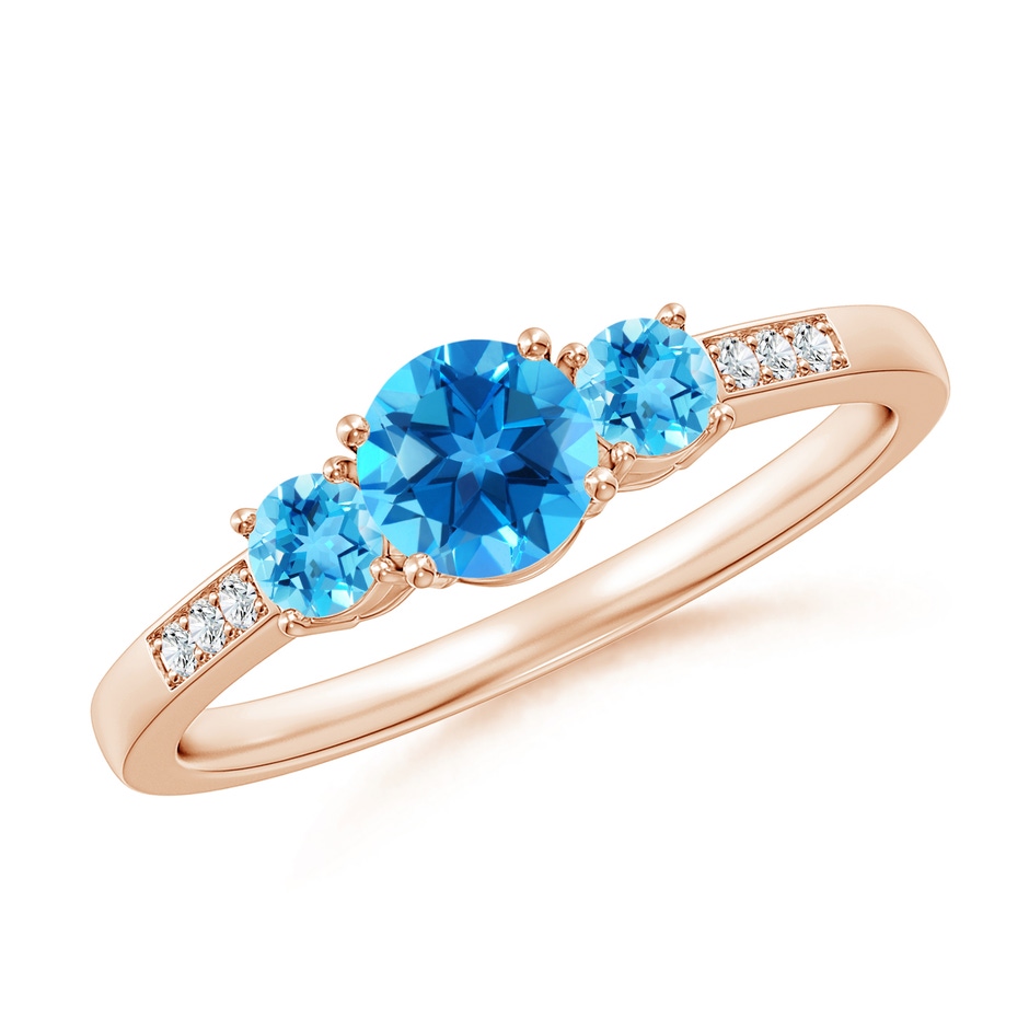 5mm AAAA Three Stone Round Swiss Blue Topaz Ring with Diamond Accents in Rose Gold 