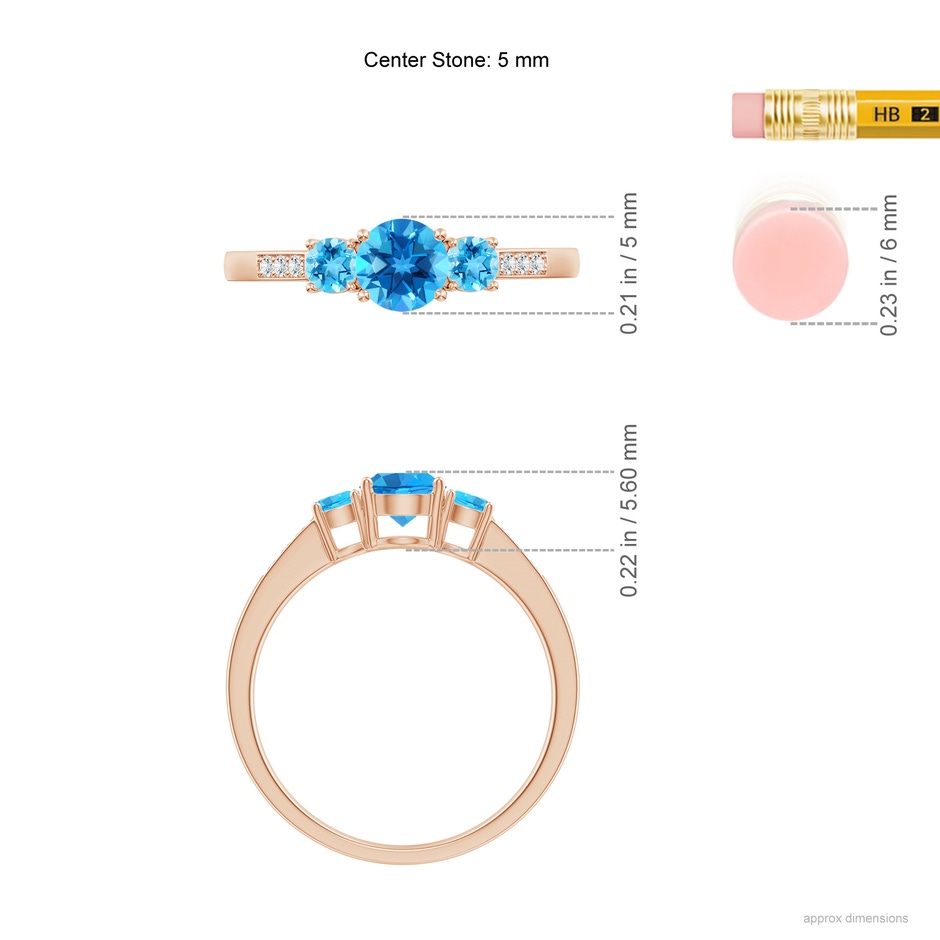 5mm AAAA Three Stone Round Swiss Blue Topaz Ring with Diamond Accents in Rose Gold ruler