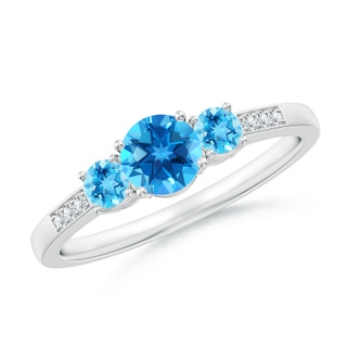 5mm AAAA Three Stone Round Swiss Blue Topaz Ring with Diamond Accents in White Gold