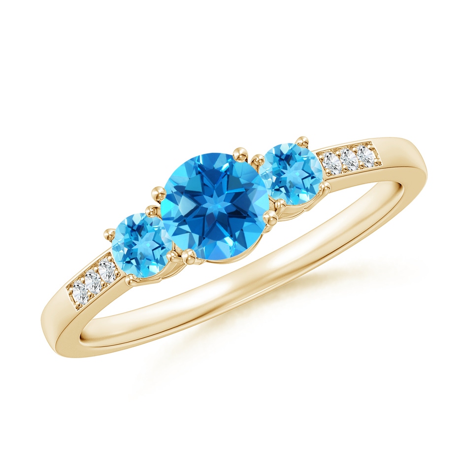 5mm AAAA Three Stone Round Swiss Blue Topaz Ring with Diamond Accents in Yellow Gold 