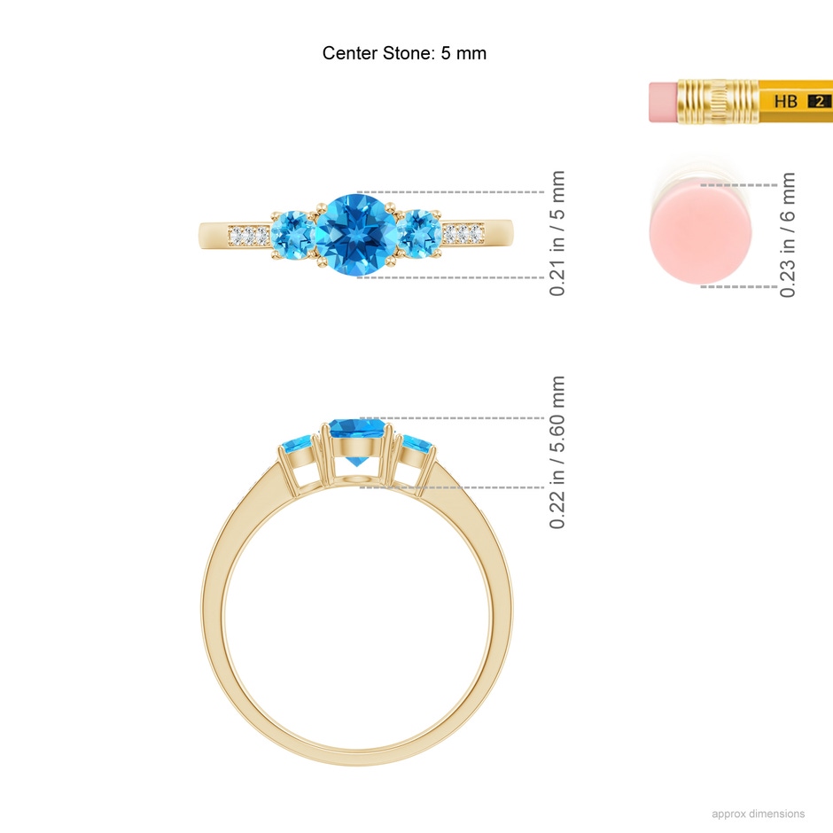 5mm AAAA Three Stone Round Swiss Blue Topaz Ring with Diamond Accents in Yellow Gold ruler