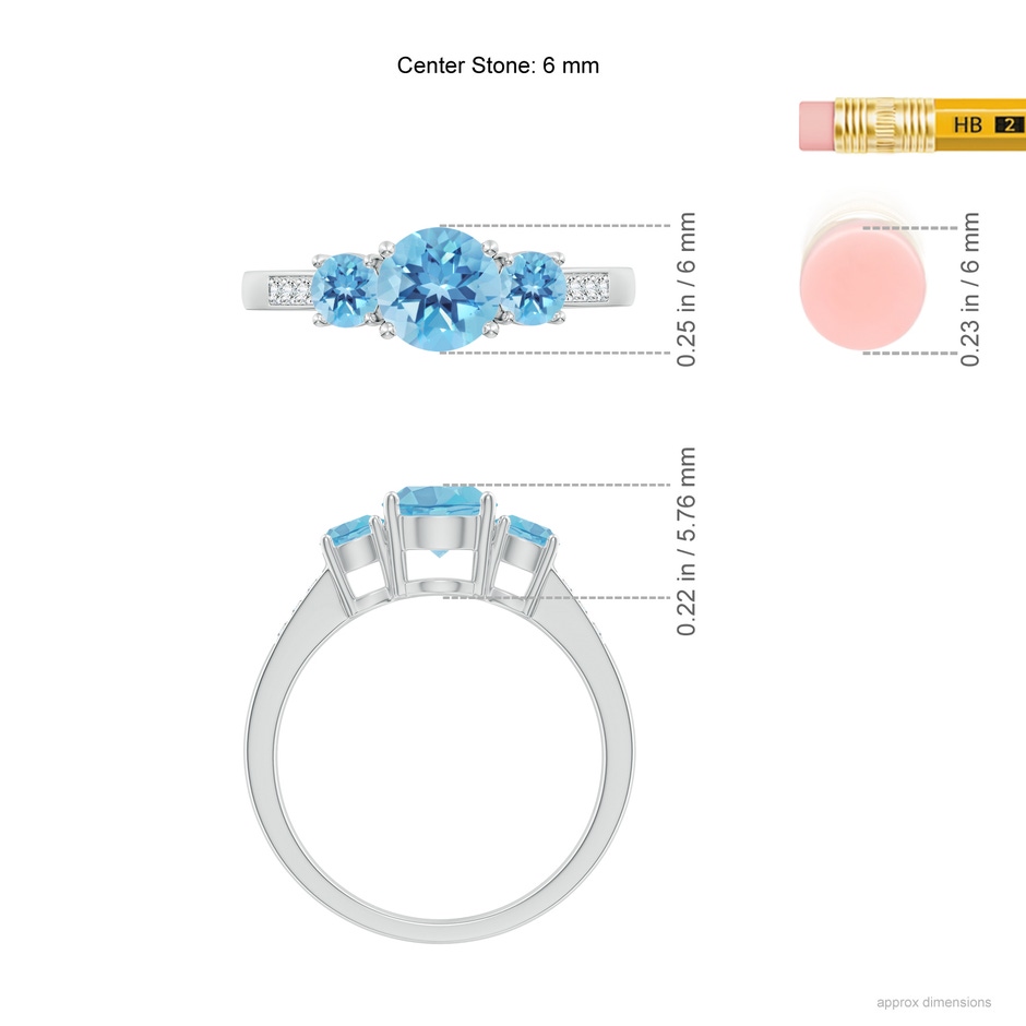 6mm A Three Stone Round Swiss Blue Topaz Ring with Diamond Accents in P950 Platinum ruler