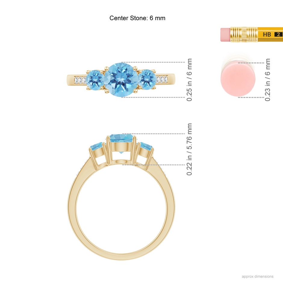 6mm A Three Stone Round Swiss Blue Topaz Ring with Diamond Accents in Yellow Gold ruler