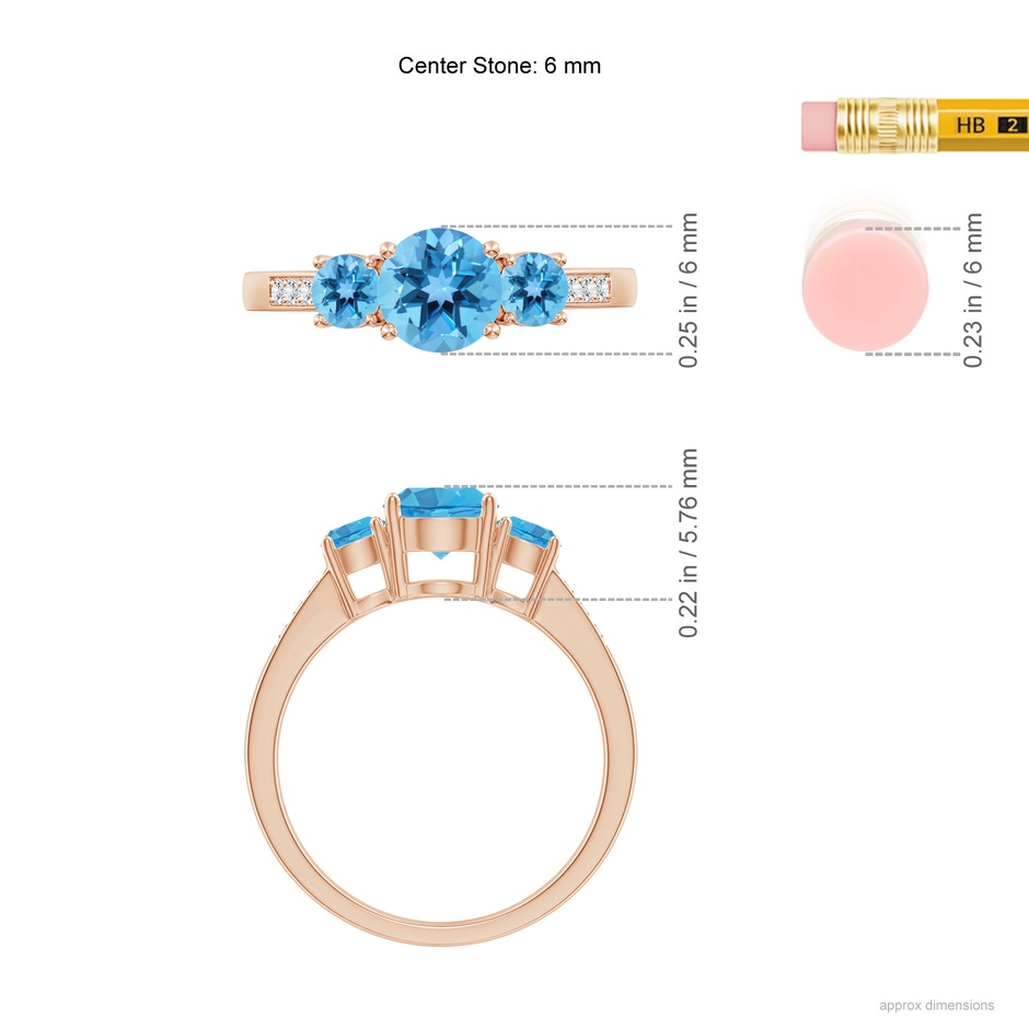 6mm AA Three Stone Round Swiss Blue Topaz Ring with Diamond Accents in Rose Gold ruler