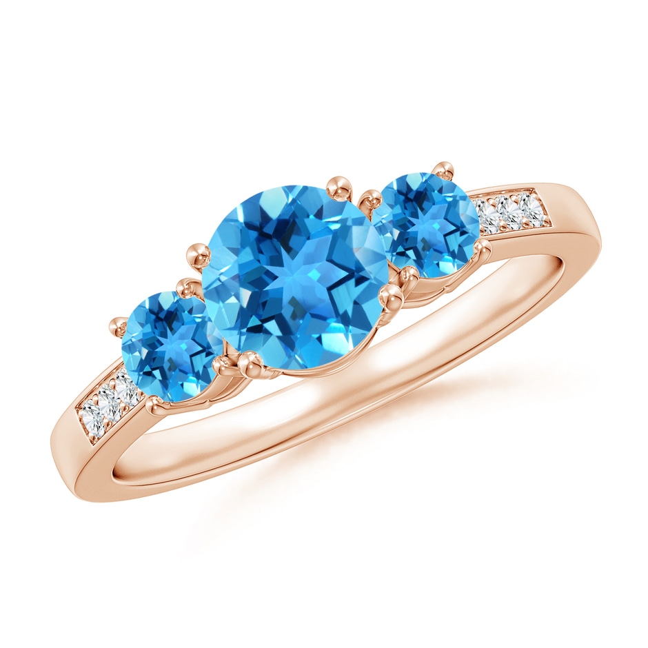 6mm AAA Three Stone Round Swiss Blue Topaz Ring with Diamond Accents in Rose Gold 