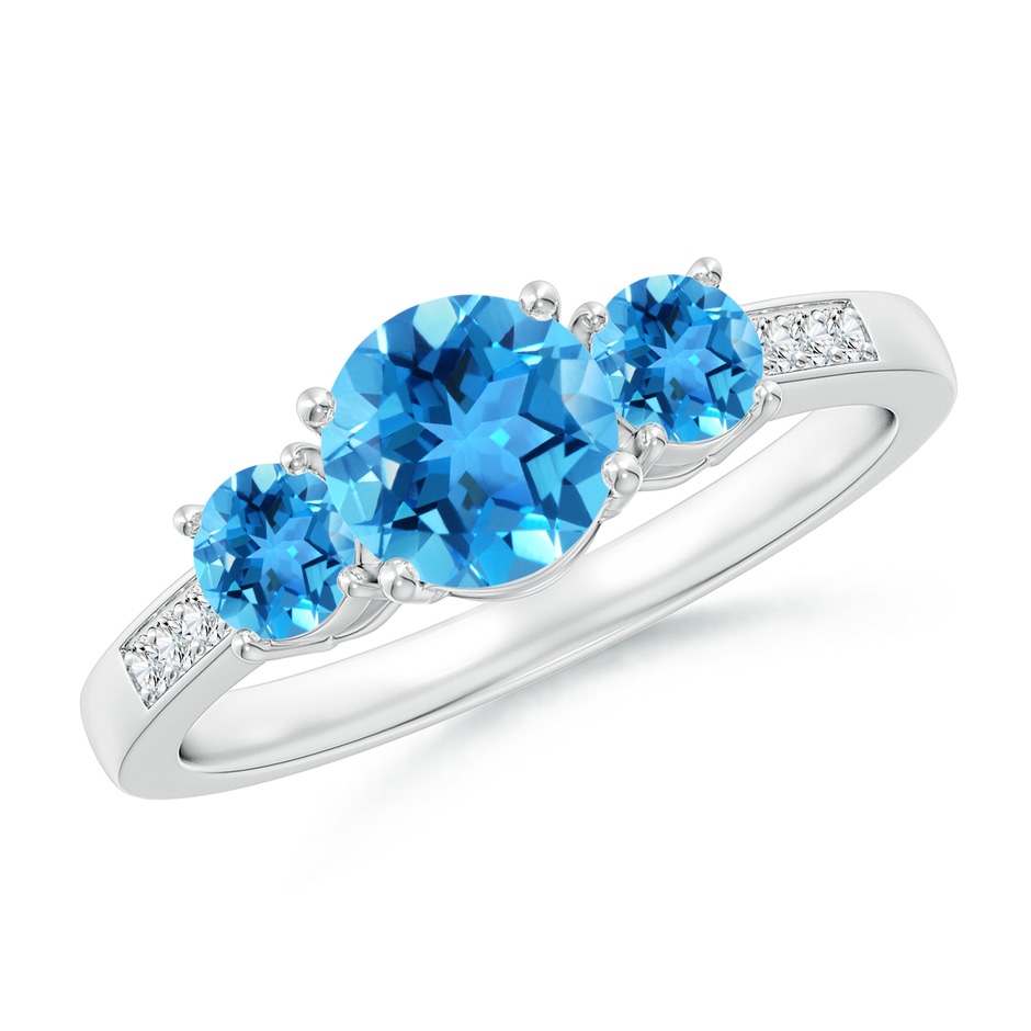 6mm AAA Three Stone Round Swiss Blue Topaz Ring with Diamond Accents in White Gold 
