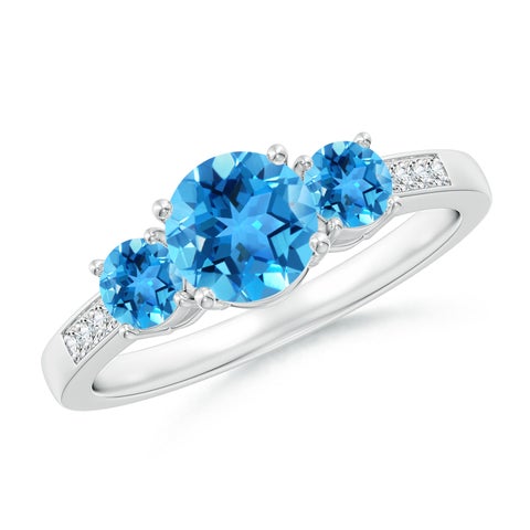 6mm AAA Three Stone Round Swiss Blue Topaz Ring with Diamond Accents in White Gold