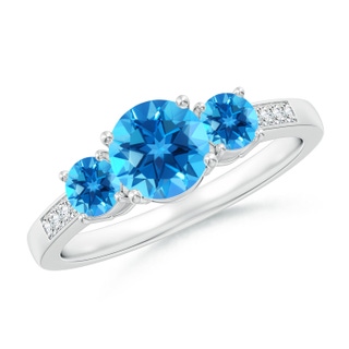 6mm AAAA Three Stone Round Swiss Blue Topaz Ring with Diamond Accents in P950 Platinum