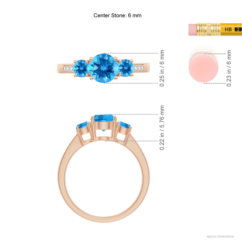 6mm AAAA Three Stone Round Swiss Blue Topaz Ring with Diamond Accents in Rose Gold ruler
