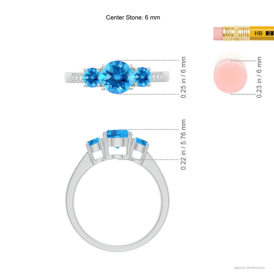 6mm AAAA Three Stone Round Swiss Blue Topaz Ring with Diamond Accents in White Gold ruler