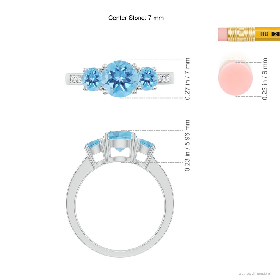 7mm A Three Stone Round Swiss Blue Topaz Ring with Diamond Accents in P950 Platinum ruler