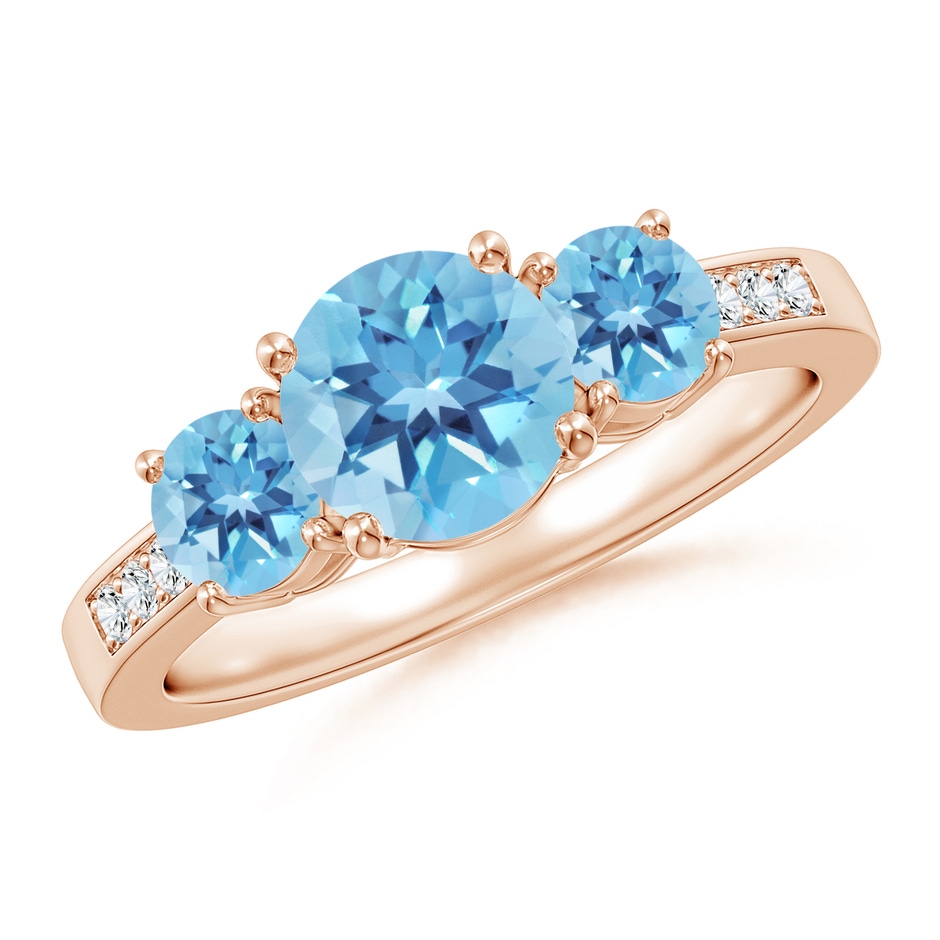 7mm A Three Stone Round Swiss Blue Topaz Ring with Diamond Accents in Rose Gold 