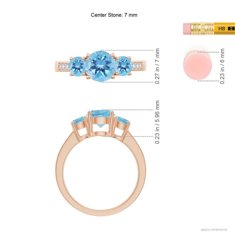 7mm A Three Stone Round Swiss Blue Topaz Ring with Diamond Accents in Rose Gold ruler