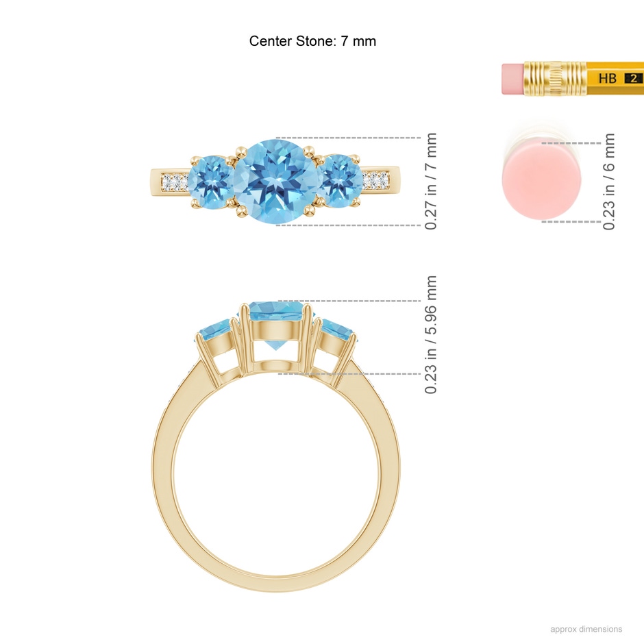 7mm A Three Stone Round Swiss Blue Topaz Ring with Diamond Accents in Yellow Gold ruler