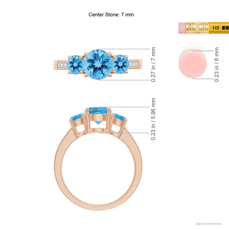 7mm AA Three Stone Round Swiss Blue Topaz Ring with Diamond Accents in Rose Gold ruler