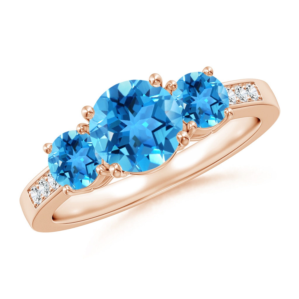 7mm AAA Three Stone Round Swiss Blue Topaz Ring with Diamond Accents in Rose Gold