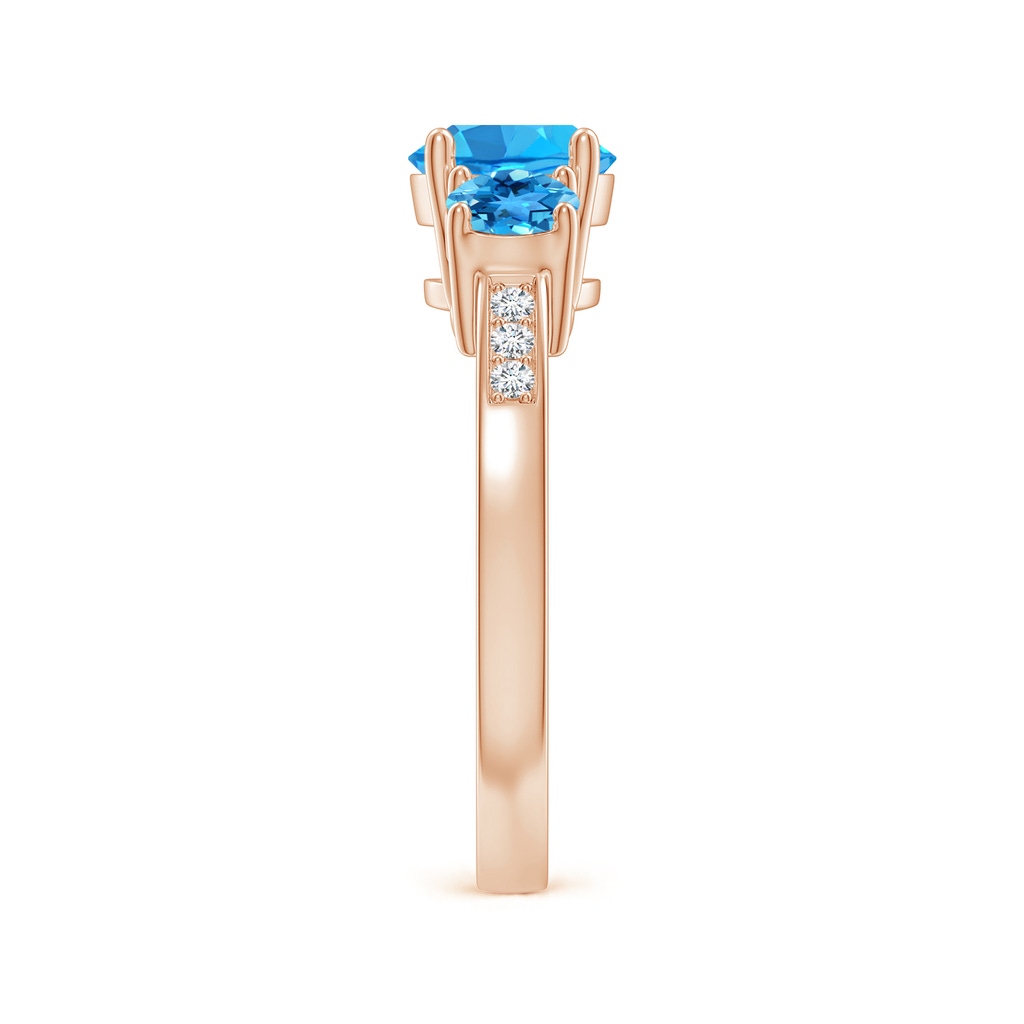 7mm AAA Three Stone Round Swiss Blue Topaz Ring with Diamond Accents in Rose Gold Side-2
