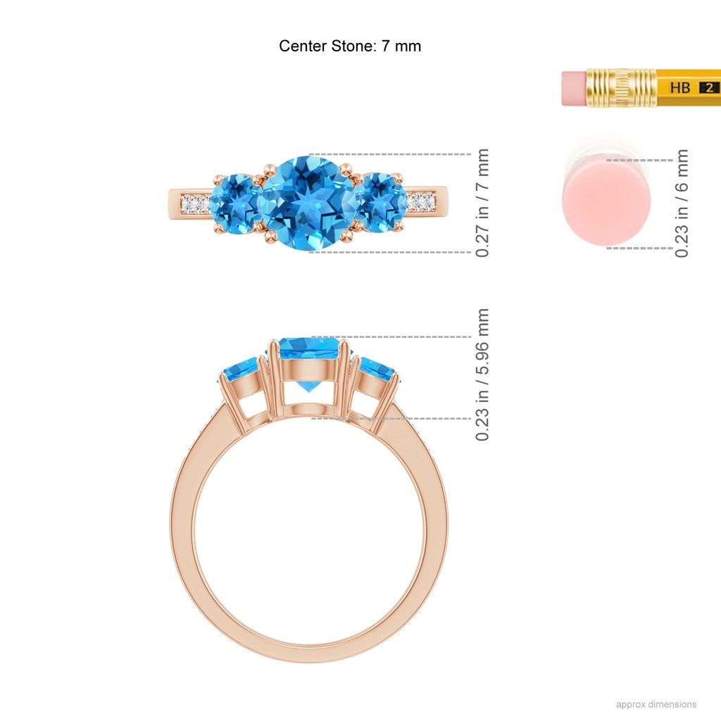 7mm AAA Three Stone Round Swiss Blue Topaz Ring with Diamond Accents in Rose Gold Ruler