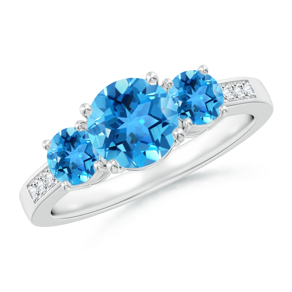 7mm AAA Three Stone Round Swiss Blue Topaz Ring with Diamond Accents in White Gold