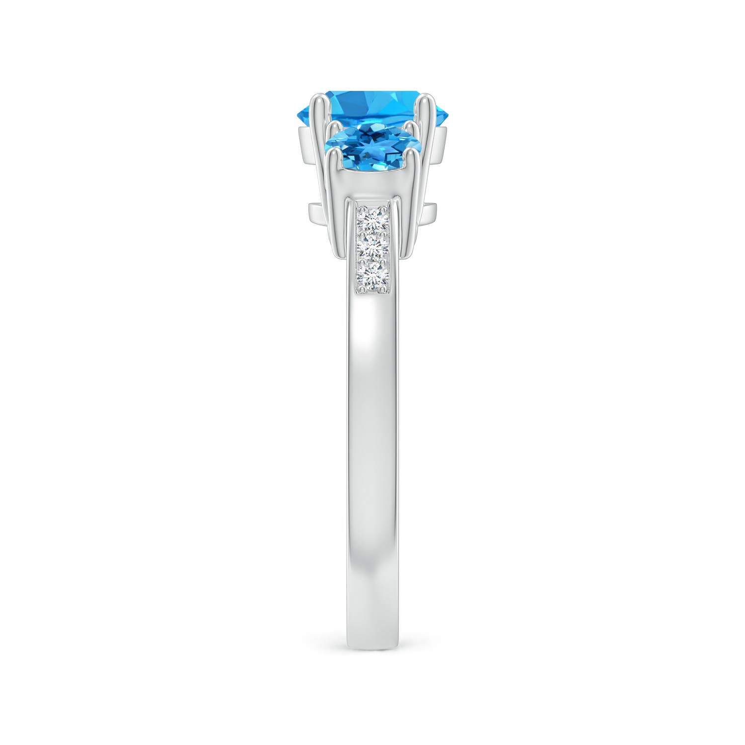 Three Stone Round Swiss Blue Topaz Ring with Diamond Accents | Angara