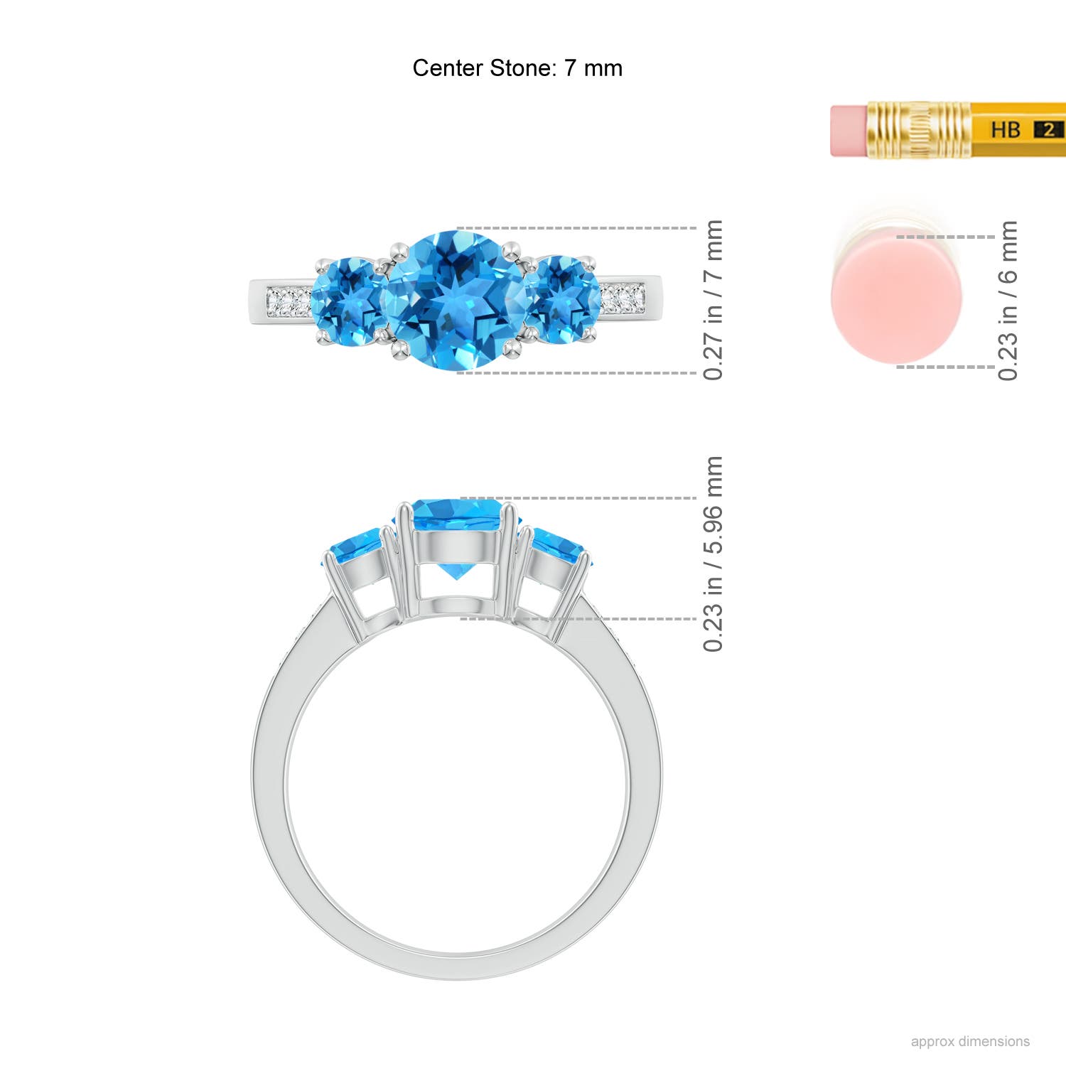 Three Stone Round Swiss Blue Topaz Ring with Diamond Accents | Angara