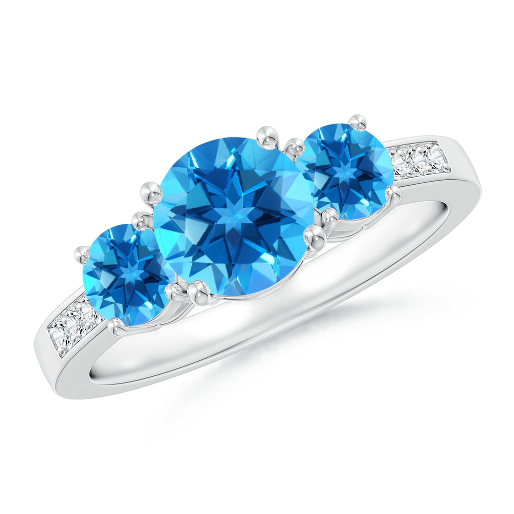 7mm AAAA Three Stone Round Swiss Blue Topaz Ring with Diamond Accents in White Gold